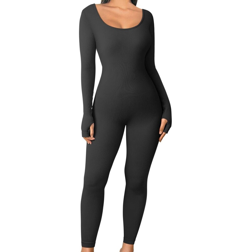 OQQ Ribbed Jumpsuit Small Black One-Piece Slimming Round Neck Long Sleeve NEW